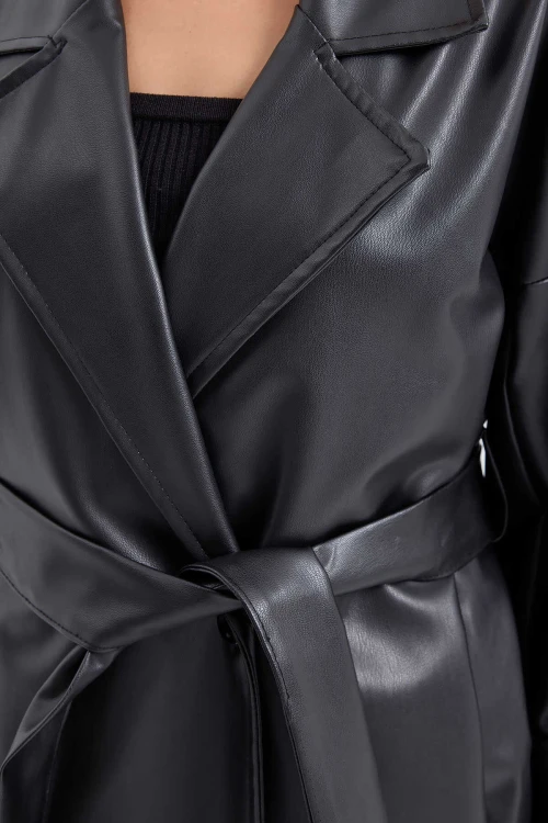 Kadın Siyah Kuşaklı Astarlı Subi Deri Trençkot HZL25W-BD110341