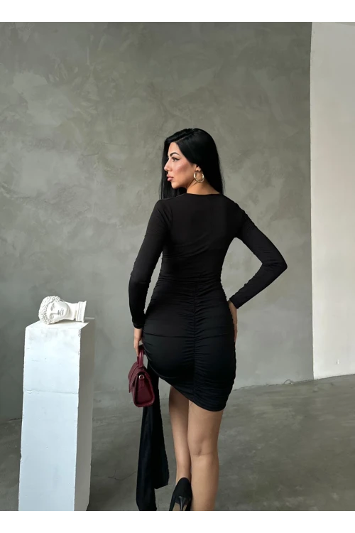 Kadın Siyah V Yaka Toka Ve Büzgü Detaylı Elbise HZL25W-FRY122611
