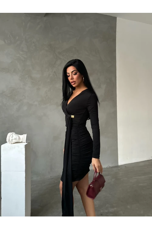 Kadın Siyah V Yaka Toka Ve Büzgü Detaylı Elbise HZL25W-FRY122611