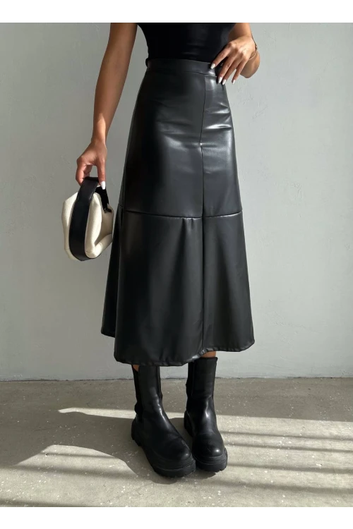 Kadın Siyah Midi Boy Fermuar Kapamalı Suni Deri Etek  HZL25W-FRY121651