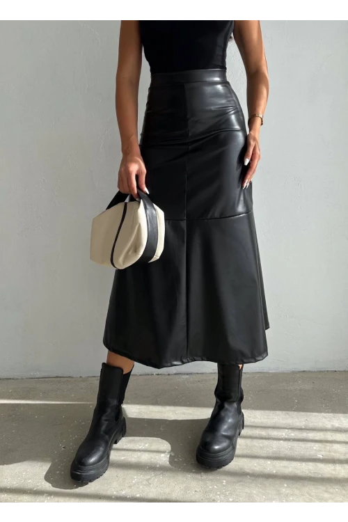 Kadın Siyah Midi Boy Fermuar Kapamalı Suni Deri Etek  HZL25W-FRY121651