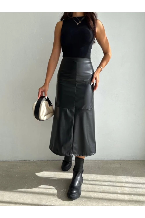 Kadın Siyah Midi Boy Fermuar Kapamalı Suni Deri Etek  HZL25W-FRY121651