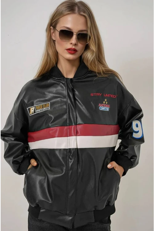 Kadın Siyah Oversize Baskılı Suni Deri Bomber Ceket HZL25W-BD110431