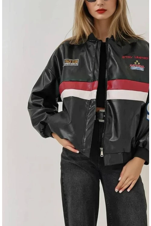 Kadın Siyah Oversize Baskılı Suni Deri Bomber Ceket HZL25W-BD110431