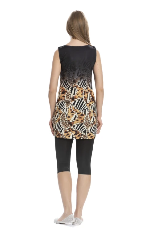 Kadın Siyah Sarı Zincir Desen Kolsuz Yarı Kapalı Taytlı Mayo HZL25S-AR160/01