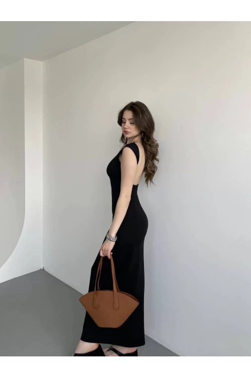 Kadın Siyah Sırt Dekolteli Yumuşak Dokulu Elbise HZL25S-ZK13321