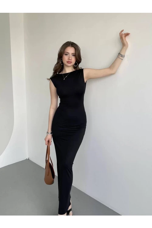 Kadın Siyah Sırt Dekolteli Yumuşak Dokulu Elbise HZL25S-ZK13321