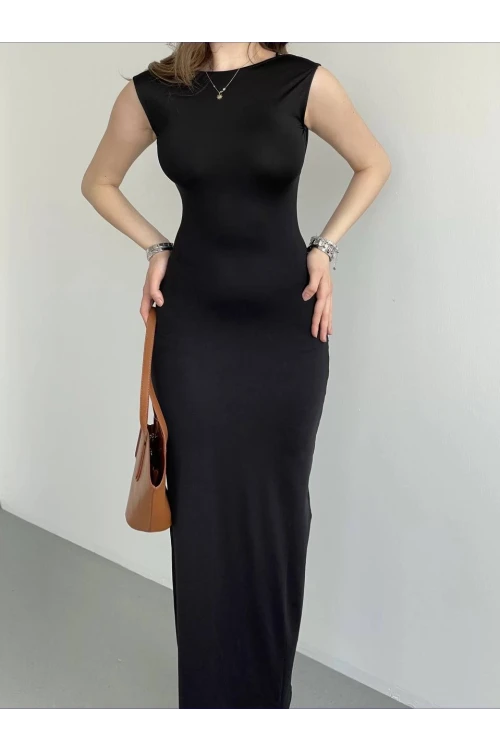 Kadın Siyah Sırt Dekolteli Yumuşak Dokulu Elbise HZL25S-ZK13321