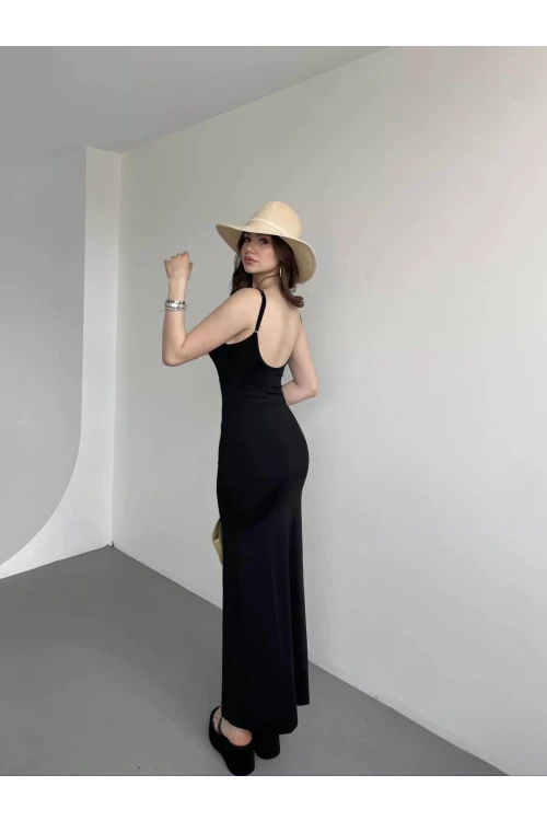 Kadın Siyah Sırtı Açık Yumuşak Dokulu Elbise HZL25S-ZK13281