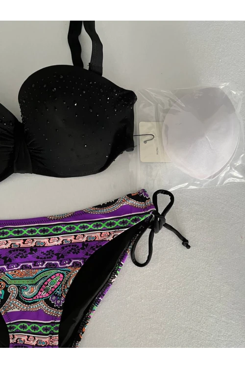 Kadın Siyah Taş İşlemeli Desenli 3 Parça Etekli Bikini Takım HZL25S-LC3326