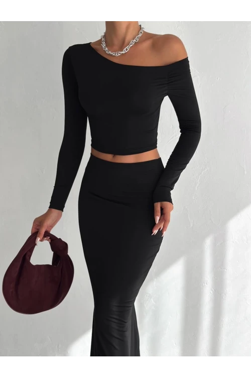 Kadın Siyah Tek Omuz Drapeli Sandy Kumaş  İkili Takım HZL25W-FRY122511