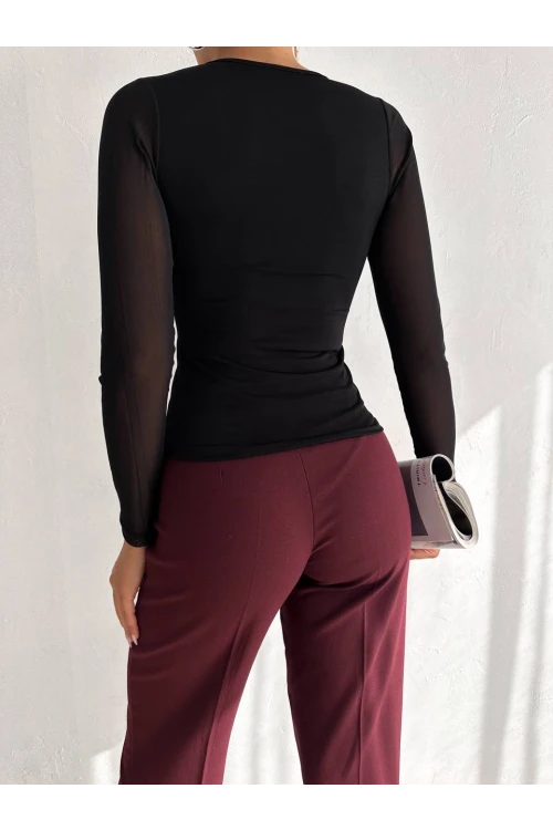 Kadın Siyah Uzun Tül Kol Sandy Bluz HZL25W-FRY122521