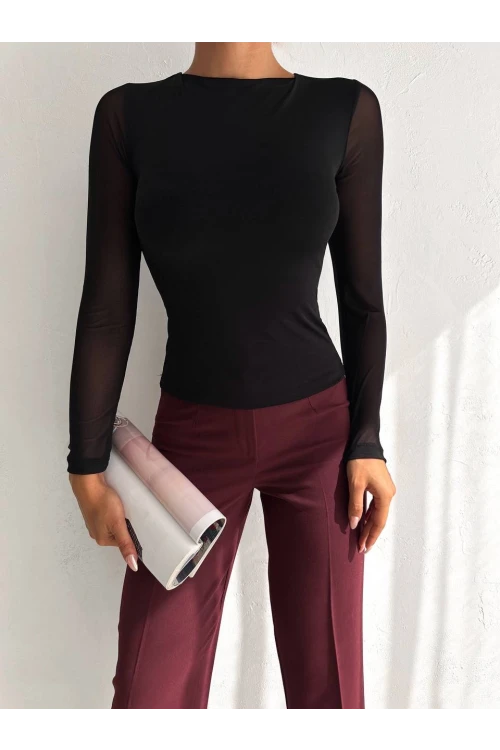 Kadın Siyah Uzun Tül Kol Sandy Bluz HZL25W-FRY122521