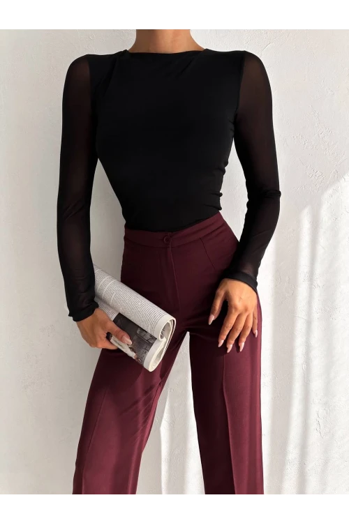 Kadın Siyah Uzun Tül Kol Sandy Bluz HZL25W-FRY122521