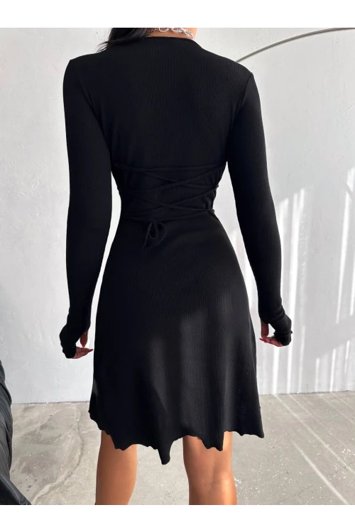 Kadın Siyah V Yaka Yandan İp Bağlamalı Kaşkorse Elbise HZL24W-FRY121751