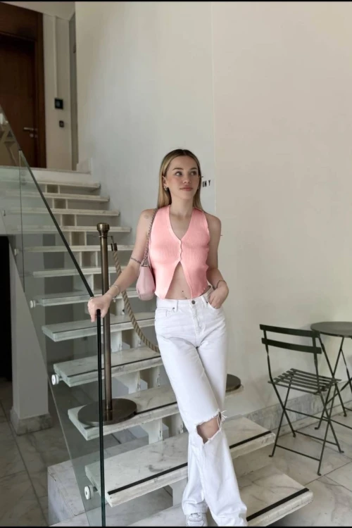 Kadın Somon Düğmeli Crop Triko Yelek HZL24S-ZK10231