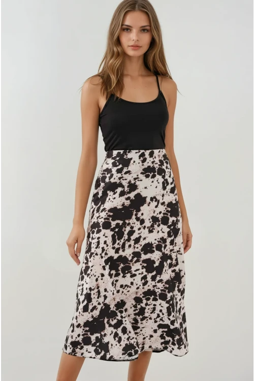 Kadın Taş Leopar Desenli Saten Yüzeyli Beli Lastikli Midi Boy Etek Hzl23S-BD1101471