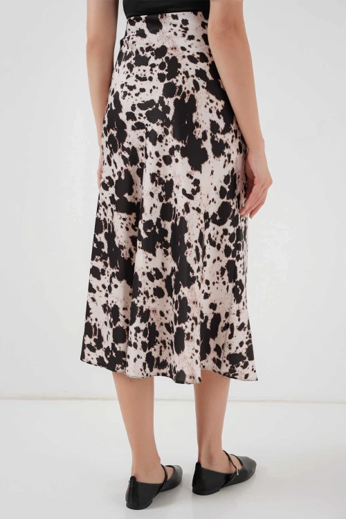 Kadın Taş Leopar Desenli Saten Yüzeyli Beli Lastikli Midi Boy Etek Hzl23S-BD1101471