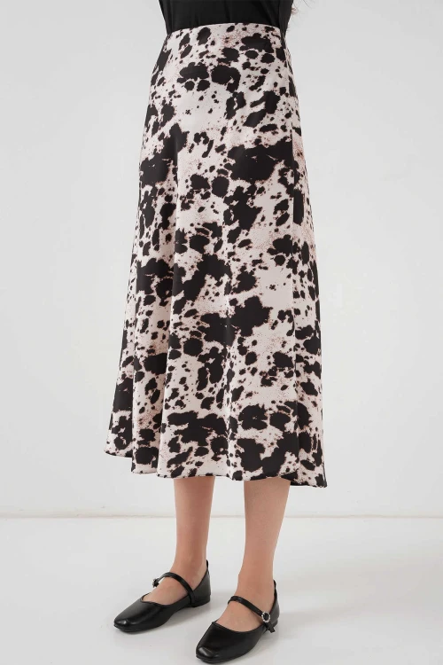 Kadın Taş Leopar Desenli Saten Yüzeyli Beli Lastikli Midi Boy Etek Hzl23S-BD1101471