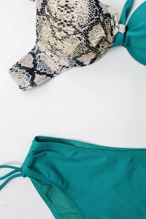 Kadın Turkuaz Bej Taş Bloklu  Yüksek Bel Toparlayıcı Bikini Takım HZL24S-LC3335