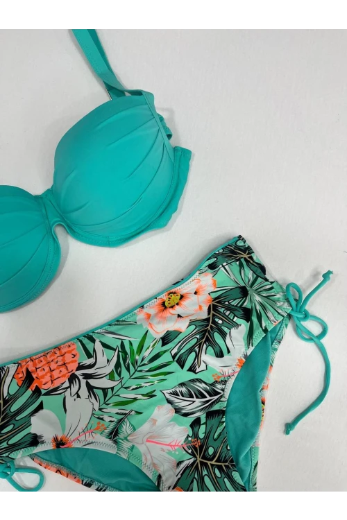 Kadın Turkuaz Mavi Tropikal Desen Bikini Takım HZL25S-LC3325
