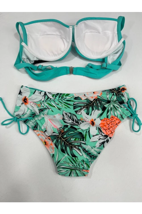 Kadın Turkuaz Mavi Tropikal Desen Bikini Takım HZL25S-LC3325