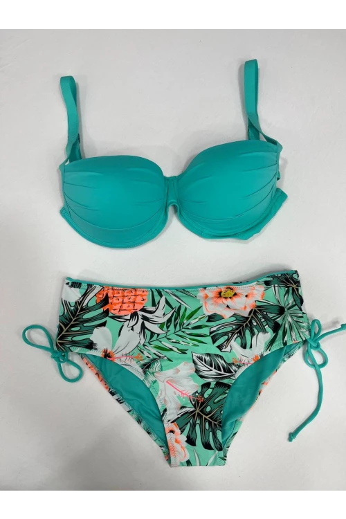 Kadın Turkuaz Mavi Tropikal Desen Bikini Takım HZL25S-LC3325