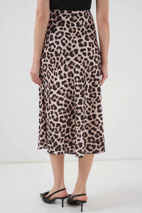 Kadın Vizon Leopar Desenli Saten Yüzeyli Beli Lastikli Midi Boy Etek Hzl23S-BD1101471