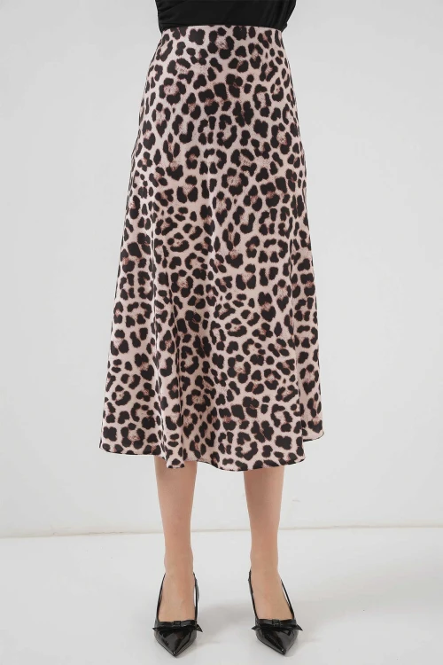Kadın Vizon Leopar Desenli Saten Yüzeyli Beli Lastikli Midi Boy Etek Hzl23S-BD1101471