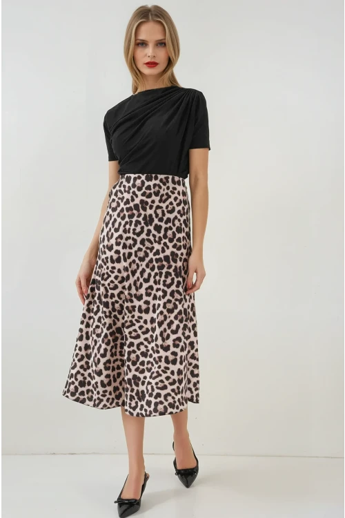 Kadın Vizon Leopar Desenli Saten Yüzeyli Beli Lastikli Midi Boy Etek Hzl23S-BD1101471