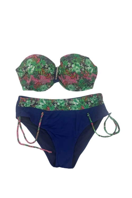 Kadın Yeşil Çiçek Desenli Büyük Beden Astarlı Lacivert Bikini Takım HZL25S-LC3301