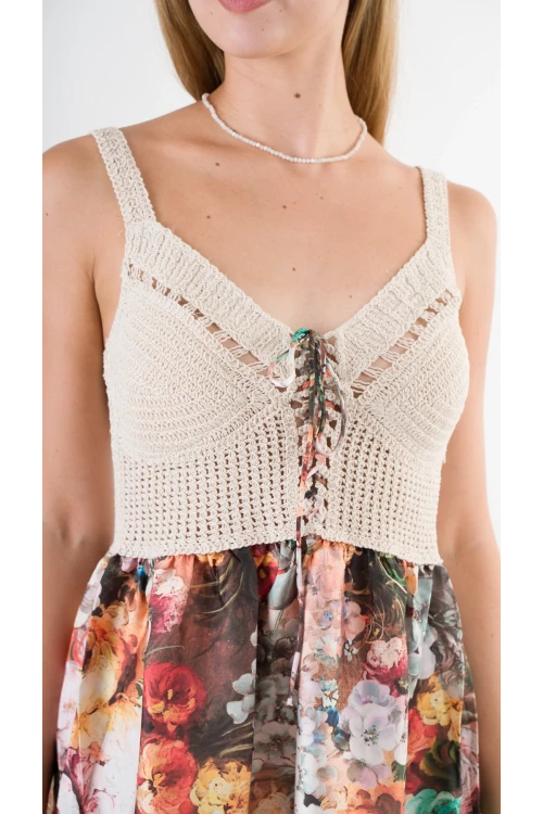 Kadın Yeşil Desenli Saten Yüzeyli V Yaka Halka Detaylı Kuşaklı Mini Elbise HZL24S-YY250