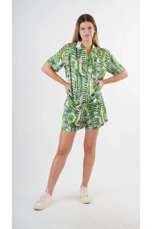 Kadın Yeşil Desenli Şort Gömlek Alt Üst Takım  HZL24S-YY226