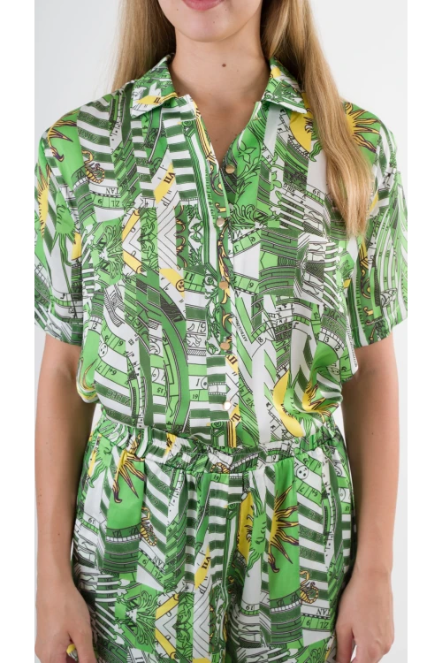 Kadın Yeşil Desenli Şort Gömlek Alt Üst Takım  HZL24S-YY226