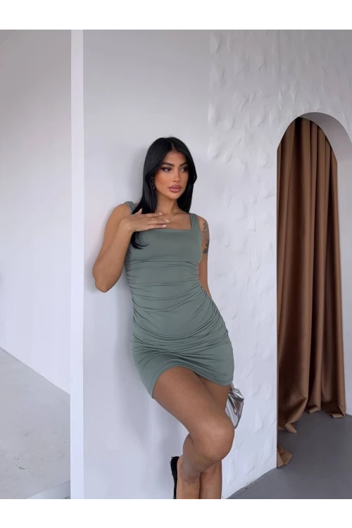 Kadın Yeşil Kalın Askılı Yanlardan Drapeli Mini Elbise HZL25S-FRY123081