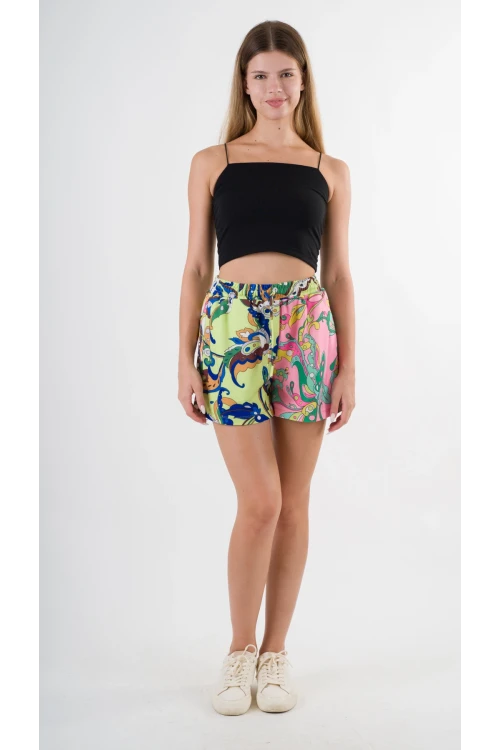 Kadın Yeşil Pembe Beli Lastikli Ve Bağlamalı Cepli Şort HZL24S-YY226