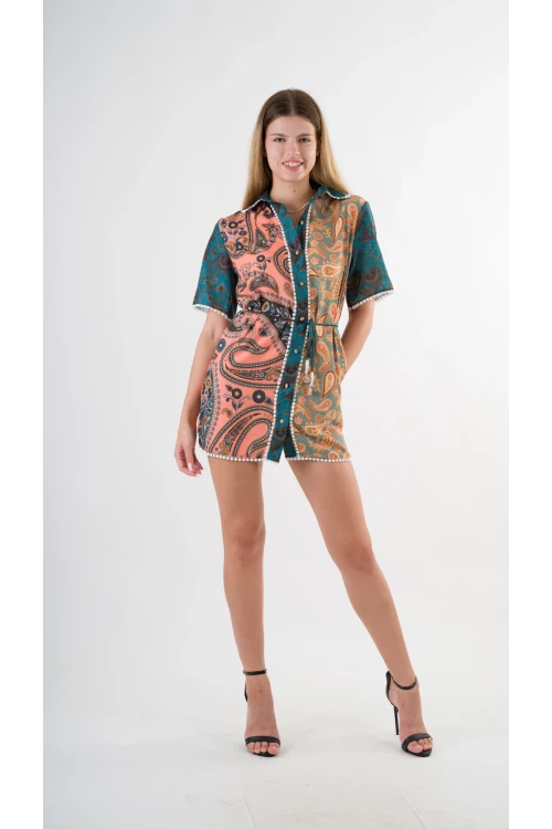 Kadın Yeşil Sarı İp Kemerli Küpürlü Gömlek Görünümlü Elbise HZL24S-YY237