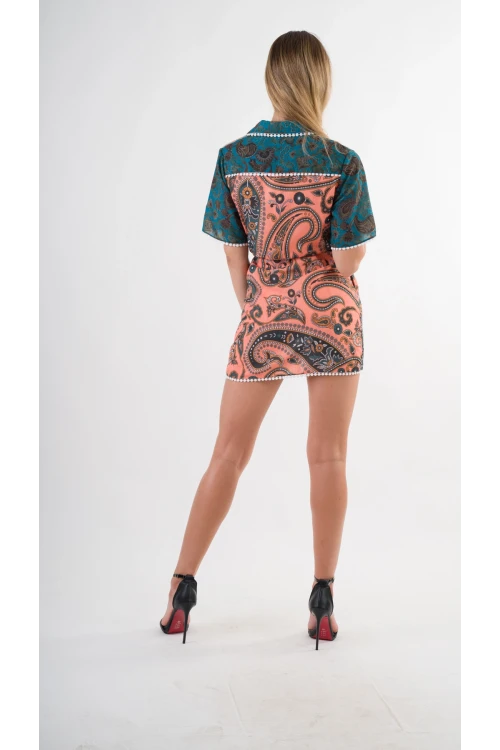 Kadın Yeşil Sarı İp Kemerli Küpürlü Gömlek Görünümlü Elbise HZL24S-YY237