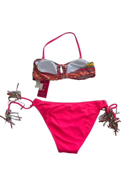 Kız Çocuk Fuşya Çok Renkli  İp Detaylı Astarlı 4-12 Yaş Üçgen Bikini Takım HZL24S-LC1904