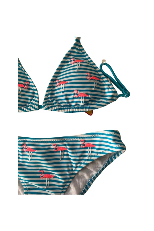 Kız Çocuk Mavi Beyaz Çizgili Flamingo Desenli  4-12 Yaş Üçgen Bikini Takım HZL24S-LC171