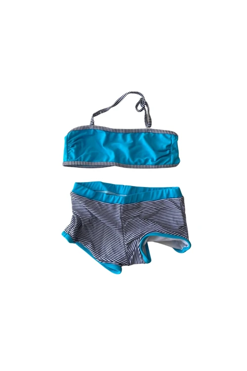 Kız Çocuk Mavi Siyah Çizgili Şortlu 4-12 Yaş Straplez Bikini Takım HZL24S-LC9034