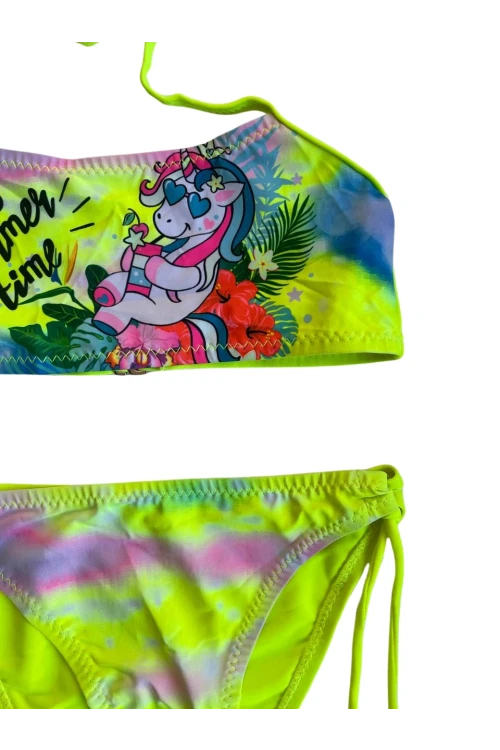 Kız Çocuk Neon Sarı Desenli  2-8 Yaş Straplez Bikini Takım HZL24S-LC3652