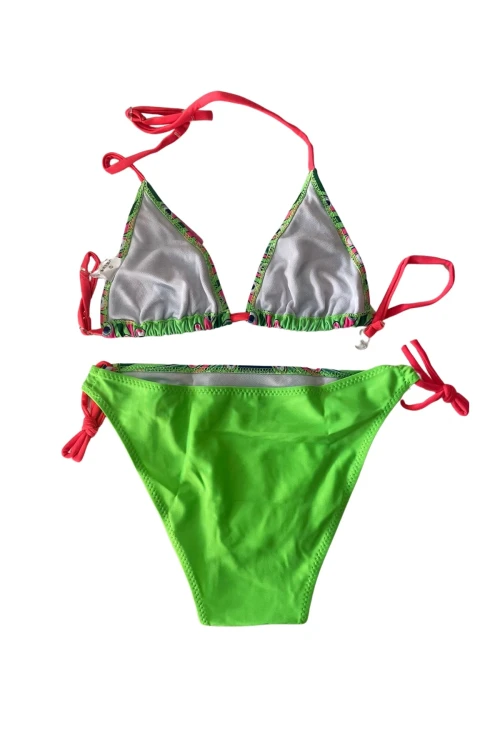 Kız Çocuk Yeşil Tavuz Kuşu Desenli  6-14 Yaş Üçken Bikini Takım HZL24S-LC9017