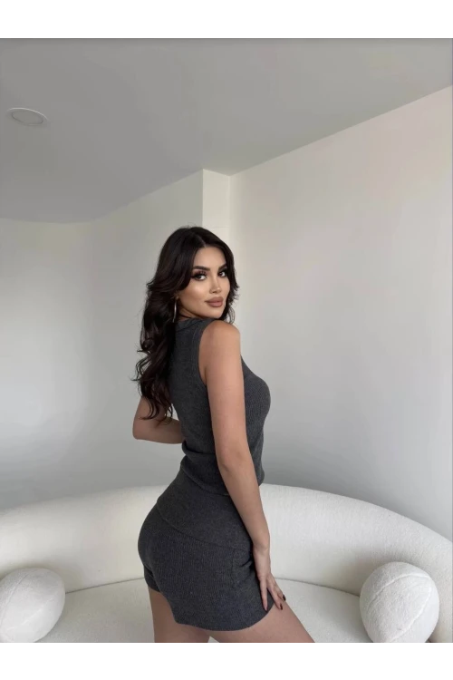 Kadın Antrasit Bel Katlamalı Şortlu Bluz Basic Takım HZL25W-ZK11191