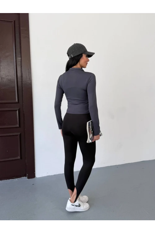 Kadın Antrasit Dalgıç Kumaş Fermuar Kapamalı Parmak Geçirmeli Sweatshirt HZL25W-FRY123441