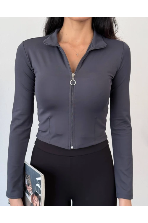 Kadın Antrasit Dalgıç Kumaş Fermuar Kapamalı Parmak Geçirmeli Sweatshirt HZL25W-FRY123441