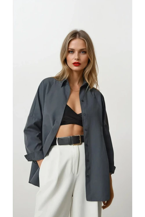 Kadın Antrasit Geniş Kalıp Uzun Basic Gömlek HZL24W-BD139001