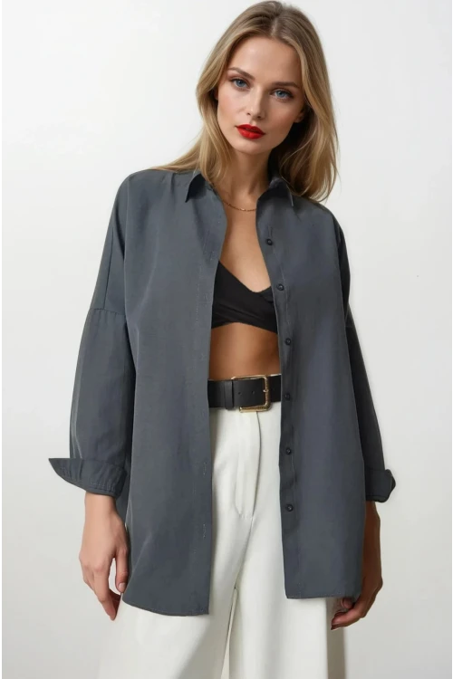 Kadın Antrasit Geniş Kalıp Uzun Basic Gömlek HZL24W-BD139001