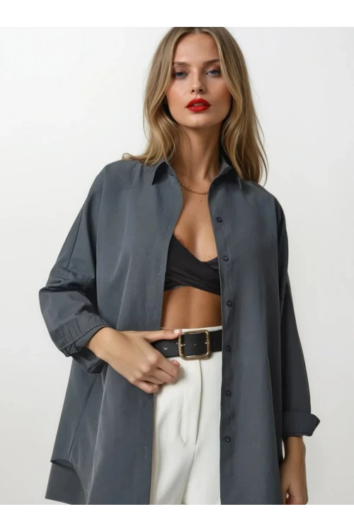 Kadın Antrasit Geniş Kalıp Uzun Basic Gömlek HZL24W-BD139001