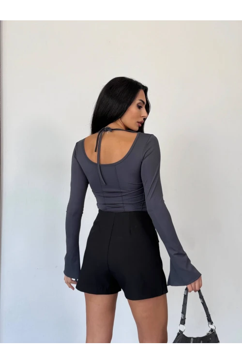 Kadın Antrasit Uzun Kollu Arkası Bağlamalı Fit Kesim Crop Bluz HZL25W-FRY122771